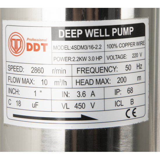 Pompa submersibila de mare adancime, DDT, 4SDM3-16, 2200 W, 16 turbine, 10 m³/h Inox, 30 m cablu