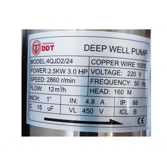 Pompa submersibila de apa curata, de mare adancime,DDT-PROFESSIONAL 4QJD2-24 , 2500 W , 24 turbine, 12 m³/h , bobinaj cupru 100%