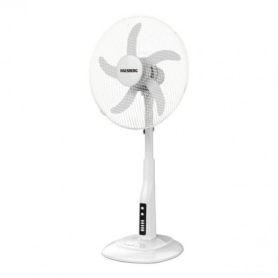 Ventilator cu picior HAUSBERG HB-5870AB, 55W, 3 viteze, diametru 46 cm, temporizator, indicator cu LED, alb