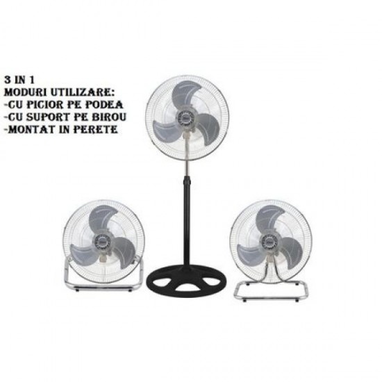 Ventilator cu picior ZILAN 3840,negru cu gri 3 in 1, Putere 55 W, 3 viteze, diametru 45 cm