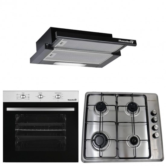 Pachet incorporabil Hausberg Cuptor HB-8053IN, Electric, Putere 2225 W, 71 l, 6 Functii, Ventilatie,  Clasa A, Plita HB-580IN,  4 arzatoare, siguranta, Negru-Inox Hota HB-1285NG, 420 m3/h, 2 motoare, 60 cm, Negru-Inox