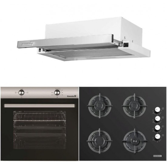 Pachet Incorporabil Cuptor electric Hausberg HB-8051IN, Clasa A, 76L, 2000W, Negru/Inox, Plita incorporabila HB-567NG, Gaz, 4 arzatoare, fonta, Sticla, Hota incorporabila telescopica HB-1285IN, Putere de absorbtie 420 m3/h, 2 motoare, 60 cm, Alb