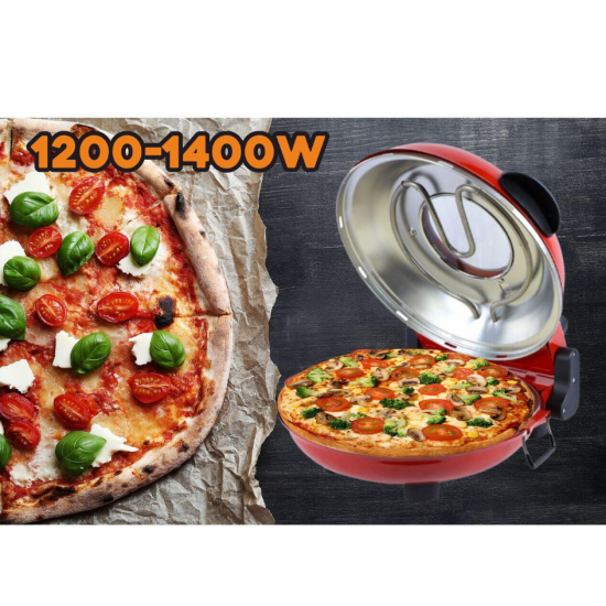 Cuptor special pentru pizza XL HAUSBERG HB-675RS cu suprafata de coacere din piatra, termoregulator pana la 405° C, Rosu