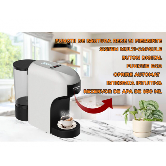 Espressor 4 in 1 Multi-Capsule HAUSBERG HB-3735AB, 1400 W, 15 bari, functie eco, capacitate rezervor 850 ml, Alb-Negru