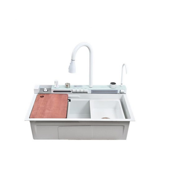 Set chiuveta multifunctionala HAUSBERG HBC-9955AB din otel inoxidabil, baterie dubla, cuva perforata fructe/legume, cuva universala cu dop scurgere, tocator, 750x460x220 mm, accesorii incluse, Alb