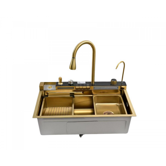 Set chiuveta multifunctionala HAUSBERG HBC-9955AU din otel inoxidabil, baterie dubla, cuva perforata fructe/legume, cuva universala cu dop scurgere, tocator, 750x460x220 mm, accesorii incluse, Auriu