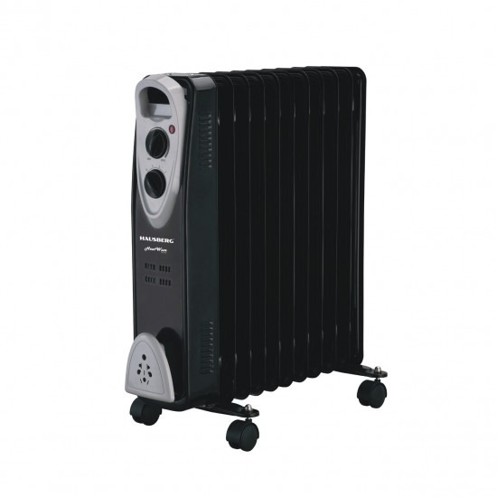 Calorifer electric Hausberg HB-8911NG, 2500 W, 11 elementi, 3 trepte de putere, Termostat reglabil, Protectie supra-incalzire, Protectie anti-rasturnare, Indicator luminos, Negru