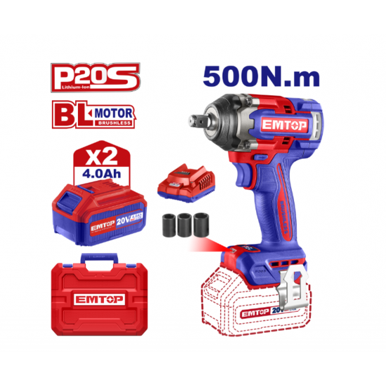 Bormasina de impact si insurubat cu 2 acumulatori 4.0Ah, motor fara perii (brushless), 500 Nm, 1/2", 3 capete 21, 22, 24mm, EMTOP