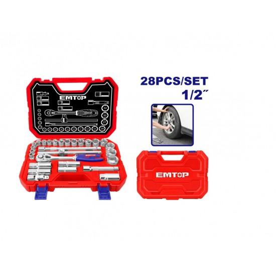 Set tubulare cu clichet 1/2″ 28 buc, cutie de transport , EMTOP