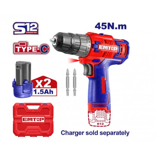 Masina de gaurit si insurubat cu 2 baterii 1.5Ah, incarcare prin cablu tip C, 45Nm, cutie de transport, fara incarcator , EMTOP
