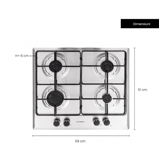 Plita incorporabila Hausberg HB-555, Gaz, 4 arzatoare, Sistem siguranta - Inox