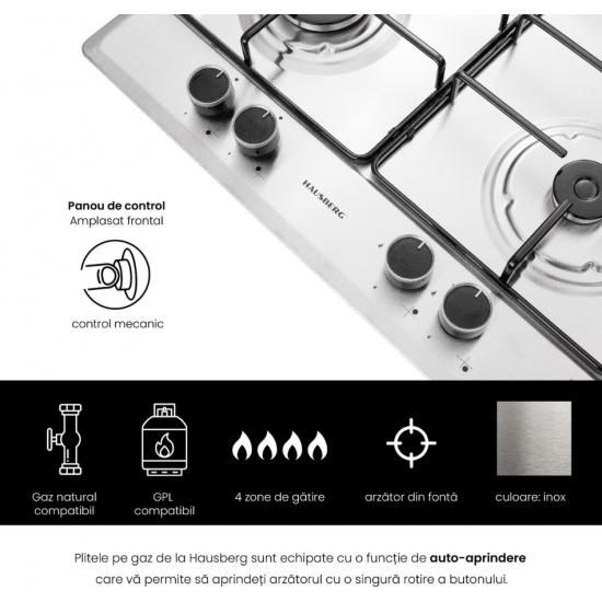 Plita incorporabila Hausberg HB-555, Gaz, 4 arzatoare, Sistem siguranta - Inox